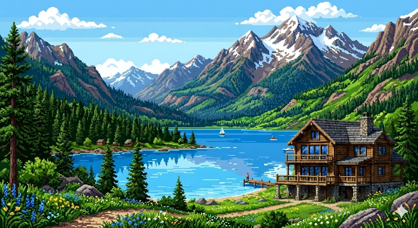Pixel-art illustration of Lake Tahoe with mountains, a lake, and a wooden cabin